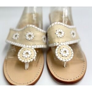 Vintage Jack Rogers Wedge Sandal Tan‎ White Whipstitch Womens 9